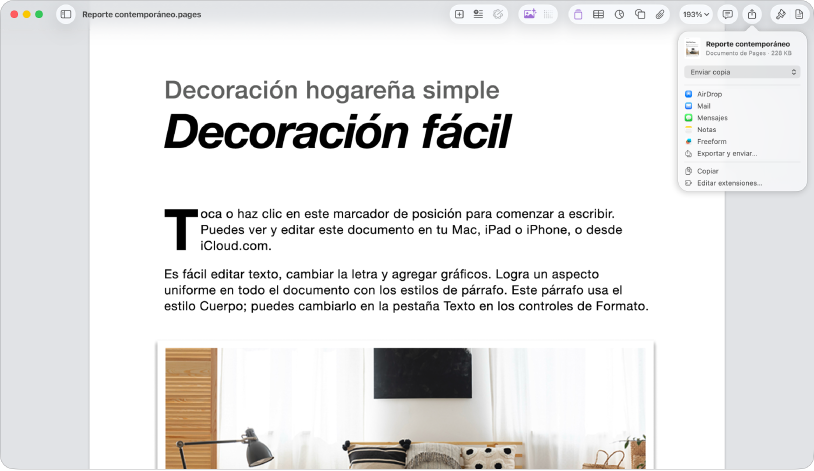 Documento abierto con el menú Compartir abierto.