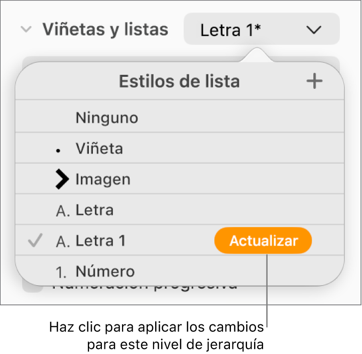 El menú desplegable Estilos de lista con el botón Actualizar junto al nombre del nuevo estilo.