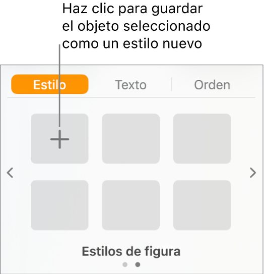 La pestaña Estilo de la barra lateral Formato, con el botón Crear estilo en la esquina superior izquierda y cinco marcadores de posición vacíos de estilo.