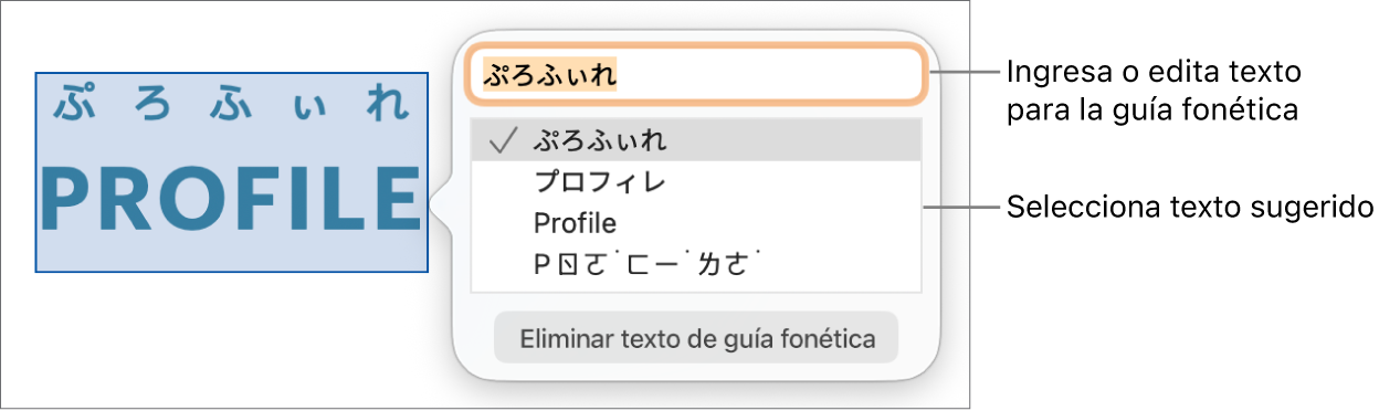Guía fonética abierta para una palabra, con mensajes en el campo de texto y en el texto sugerido.