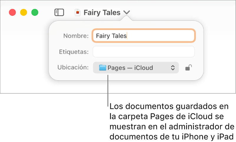 El cuadro de diálogo Guardar de un documento abierto, y en el menú desplegable Dónde se indica Pages — iCloud.