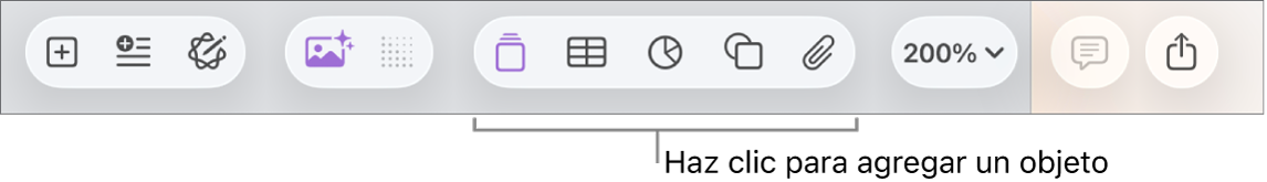 La barra de herramientas con botones para agregar tablas, gráficas, texto, figuras y contenidos.
