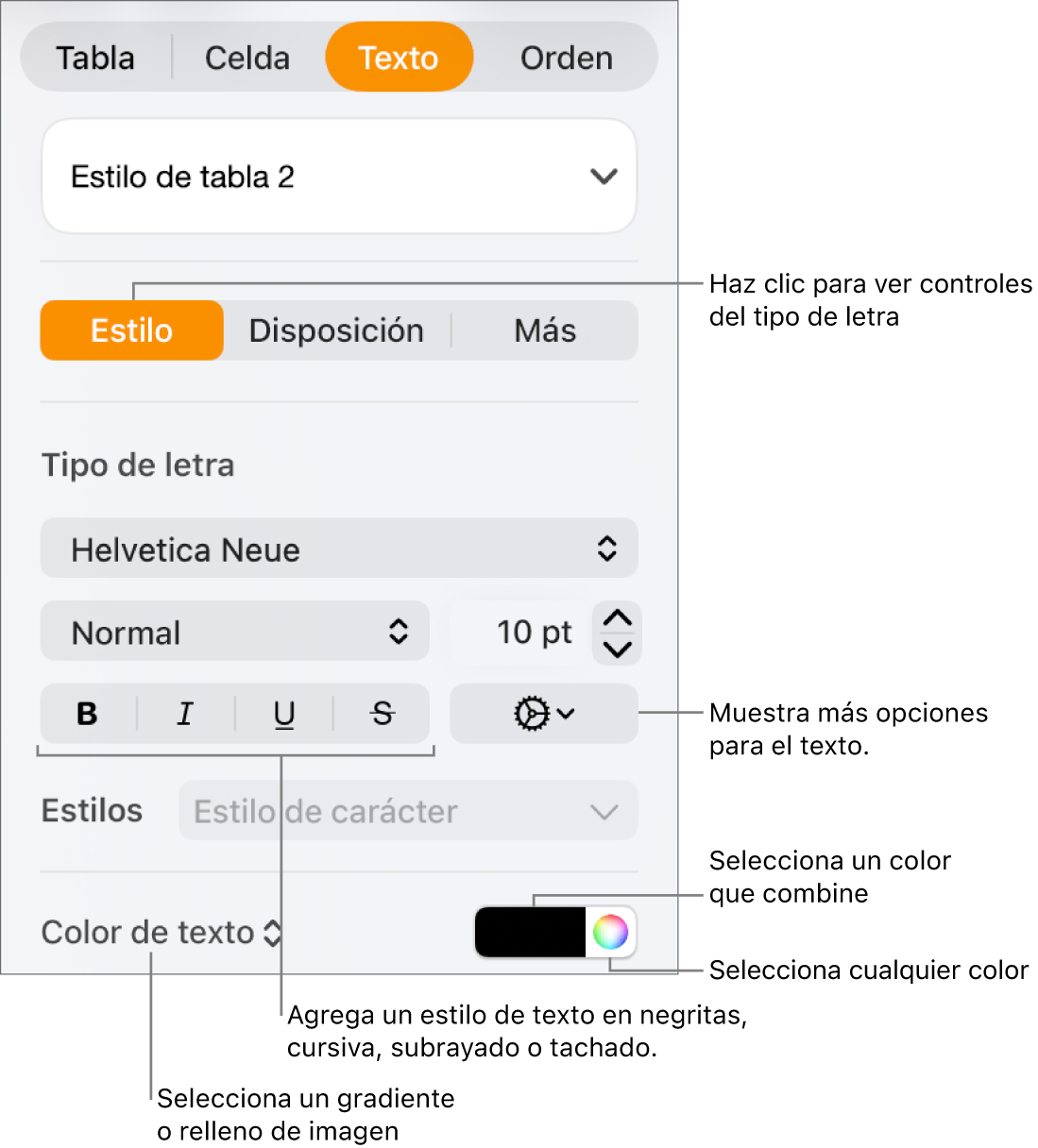 Los controles para aplicar un estilo a texto de la tabla.
