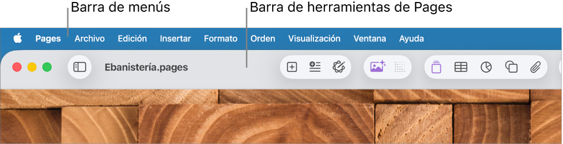 La barra de menús en la parte superior de la pantalla con los menús Apple, Pages, Archivo, Edición, Insertar, Formato, Ordenar, Visualización, Ventana y Ayuda. Debajo de la barra de menús se encuentra un documento de Pages abierto con botones de la barra de herramientas a lo largo de la parte superior, con las opciones Visualización, Zoom, Agregar página, Insertar, Tabla, Gráfica, Texto, Figura, Contenido multimedia, Compartir y Formato.