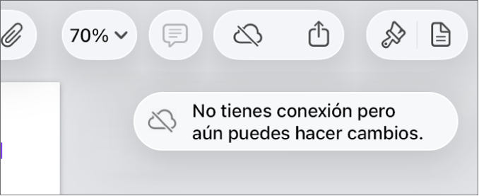 Los botones en la parte superior de la pantalla, donde el botón Colaboración cambió a una nube con una línea diagonal que la atraviesa. Una alerta en la pantalla muestra el mensaje: No tienes conexión pero aún puedes hacer cambios.