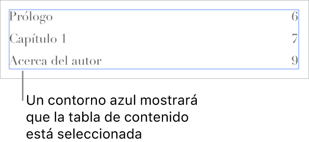 Una tabla de contenido incluida en un documento. Las entradas muestran los encabezados, junto con sus números de página.