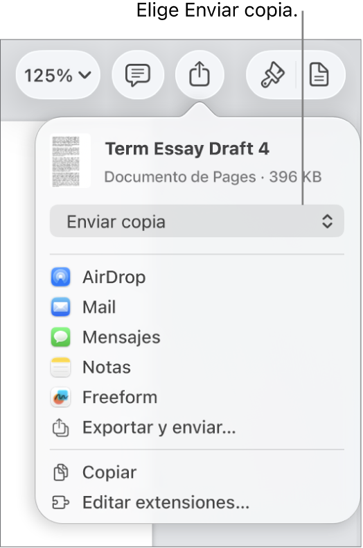 El menú Compartir con la opción Enviar copia seleccionada en la parte superior.