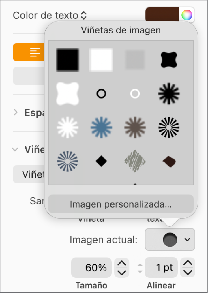 El menú desplegable Viñetas de imagen.