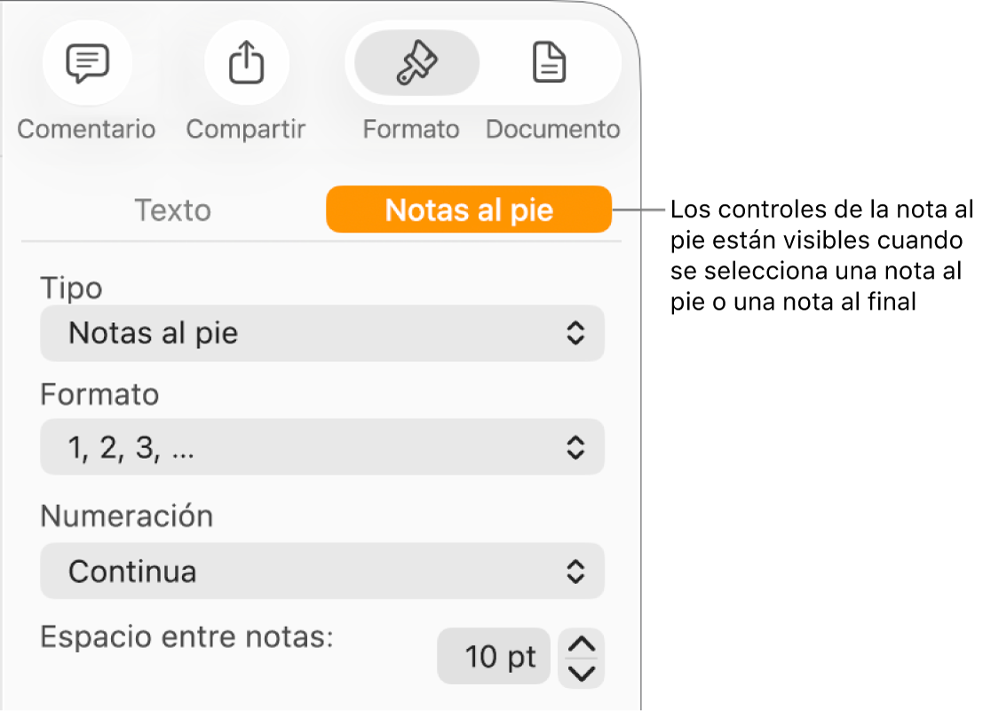 El panel Notas al pie con menús desplegables para Tipo, Formato, Numeración y espacio entre notas.