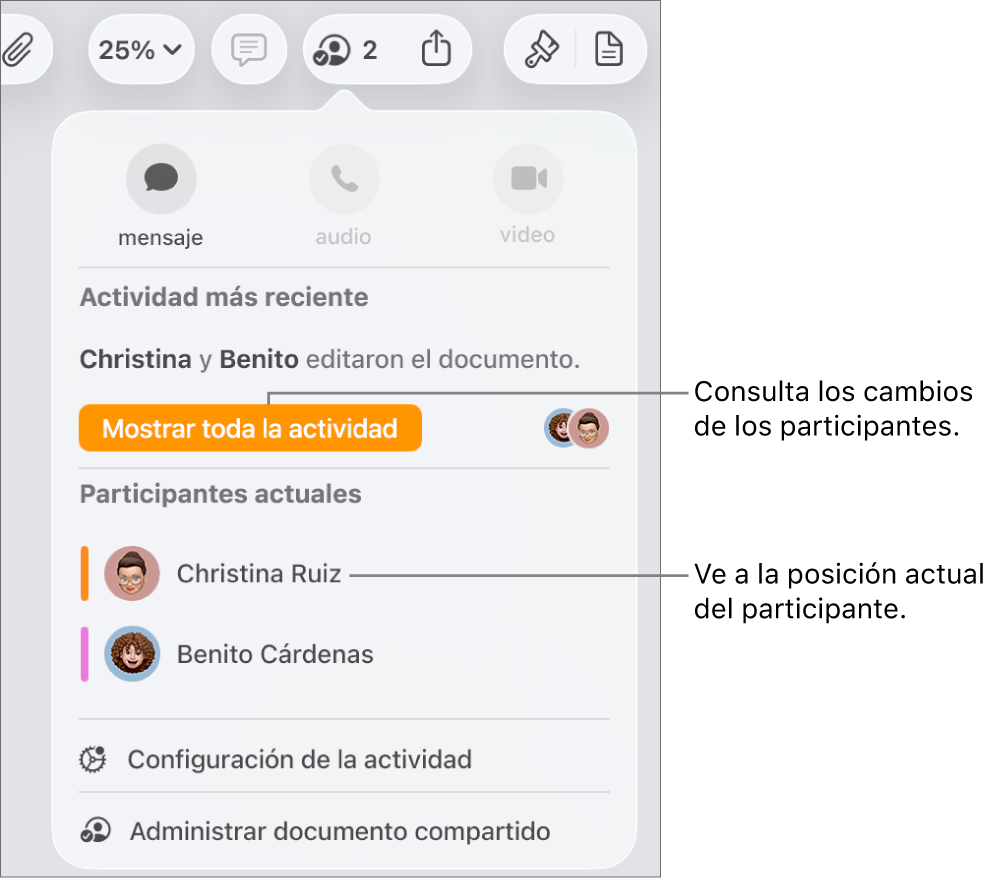 El menú de colaboración con dos participantes actuales que aparecen ahí.