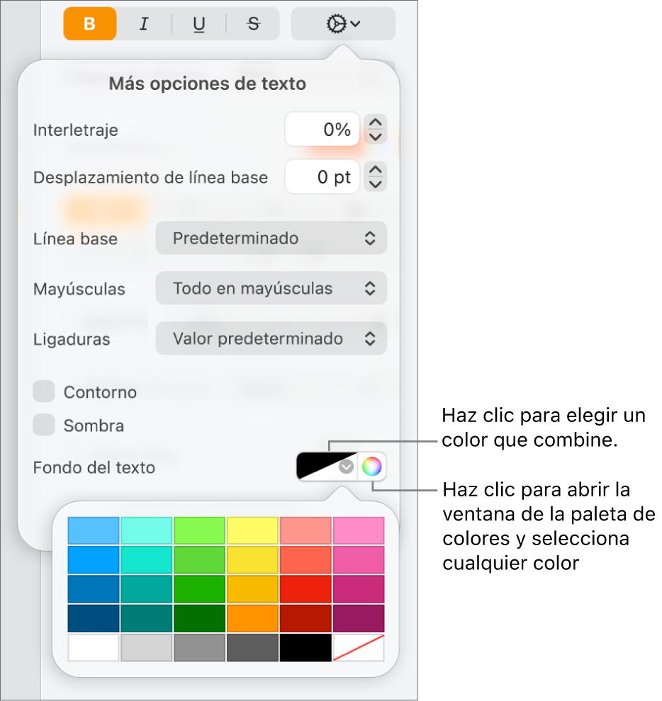 Controles para elegir un color de fondo del texto.
