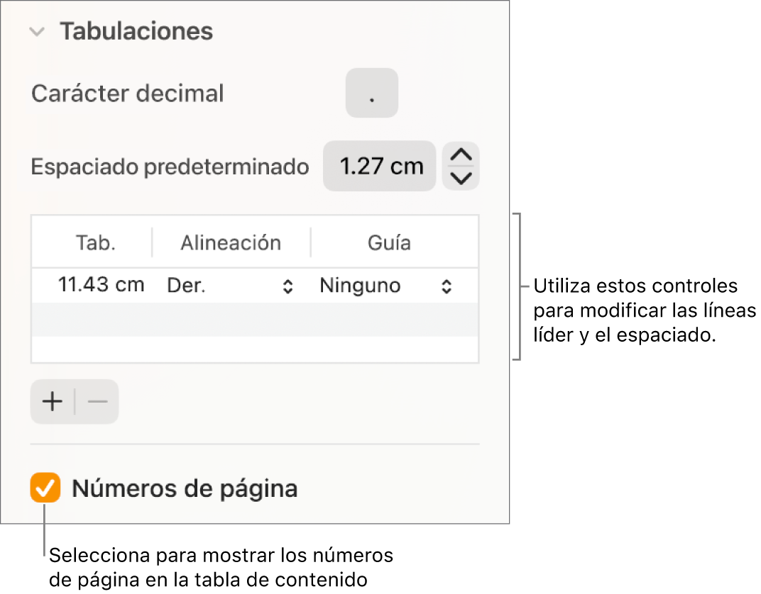 La sección Tabulaciones de la barra lateral Formato. Debajo de Espacio predeterminado, está una tabla con las columnas Tab., Alineación y Guía. Aparece la casilla Números de página seleccionada debajo de la tabla.
