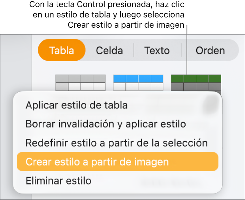El menú de funciones rápidas de estilo de tabla.