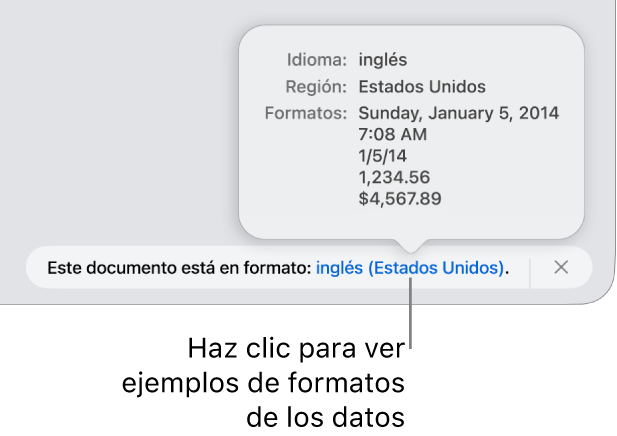 La notificación de la configuración de idioma y formato distinto, con ejemplos del formato en ese idioma y región.