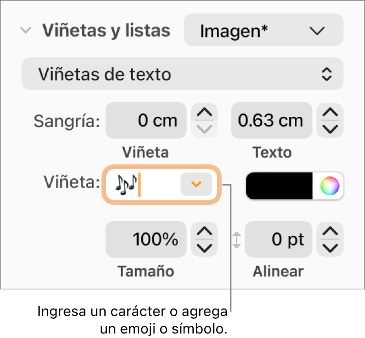 La sección Viñetas y listas de la barra lateral Formato. El campo Viñetas muestra un emoji de flor.