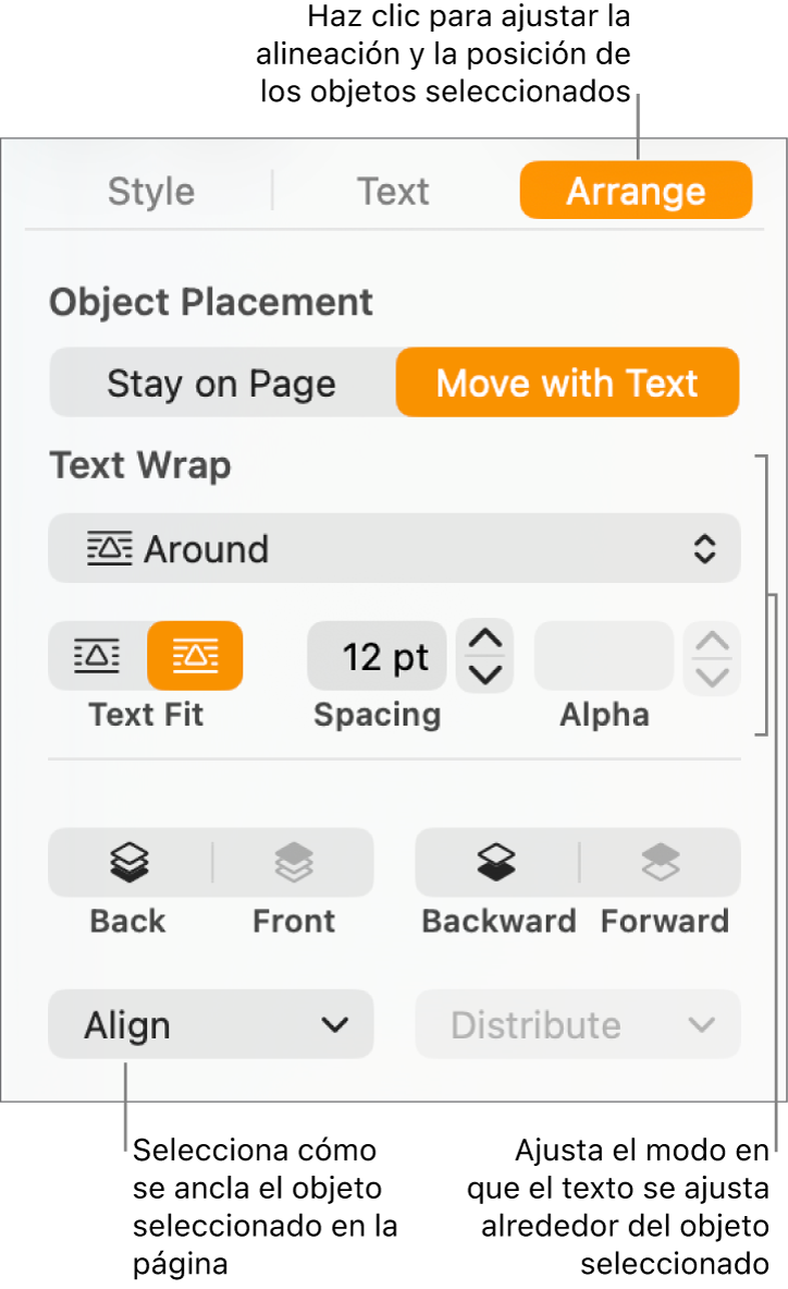El menú Formato con la barra lateral Disposición. En la parte superior de la barra lateral Disposición se encuentran los ajustes de “Colocación del objeto”, y debajo están los ajustes de “Ajuste de texto”.