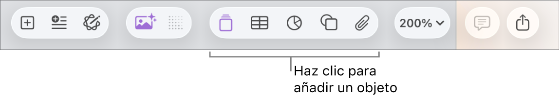 La barra de herramientas con botones para añadir tablas, gráficas, texto, figuras y contenidos.