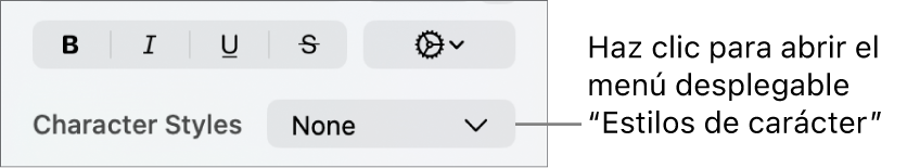 El menú desplegable “Estilos de carácter” debajo de los controles para cambiar el estilo y el color del texto.