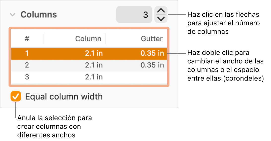 Panel Disposición del Inspector de formatos mostrando los controles de columna.