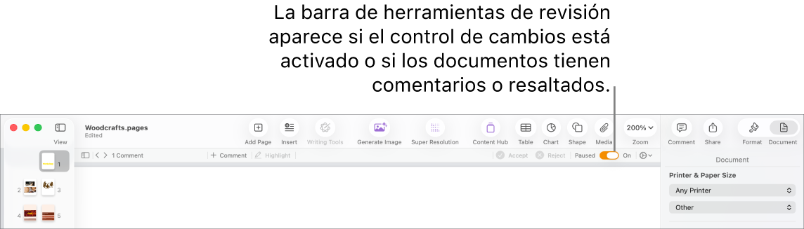 La barra de herramientas de Pages con el control de cambios activado y la barra de herramientas de revisión debajo de la barra de herramientas de Pages.