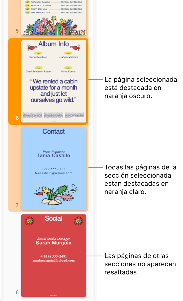 La barra lateral de visualización de miniaturas con la página seleccionada resaltada en naranja oscuro y todas las páginas de la sección seleccionada resaltadas en naranja claro.