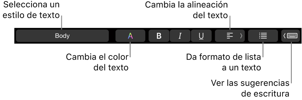 La Touch Bar del MacBook Pro con controles para elegir un estilo de texto, cambiar el color del texto, cambiar la alineación del texto, dar formato de lista al texto y mostrar las sugerencias de escritura.