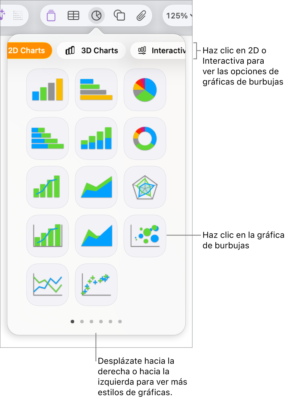 Menú de adición de gráfica, que muestra gráficas interactivas llamando a una opción de gráfica de burbujas.