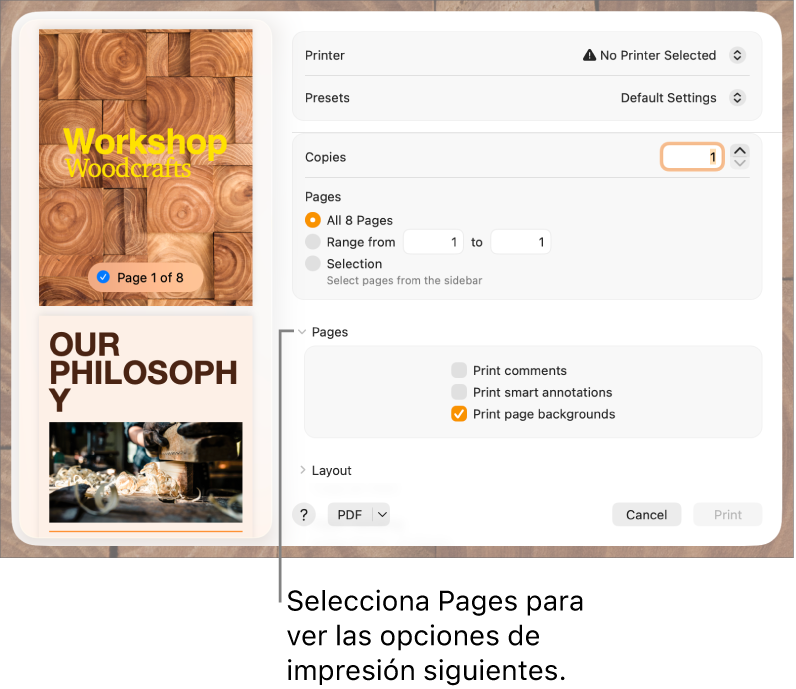 Cuadro de diálogo Imprimir con controles para la impresora, los preajustes, las copias y el intervalo de páginas. Se ha seleccionado Páginas en el menú desplegable que aparece debajo de los ajustes del intervalo de páginas, seguido de las casillas para imprimir comentarios, imprimir anotaciones inteligentes e imprimir los fondos de página.