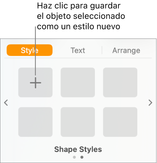 La pestaña Estilo de la barra lateral Formato con el botón “Crear estilo” en la esquina superior izquierda y cinco marcadores de posición de estilo vacíos.