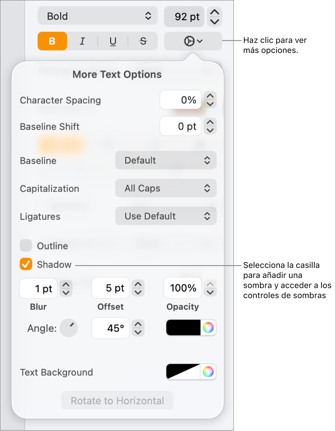 El menú “Opciones avanzadas” abierto con la casilla Sombras seleccionada y controles para configurar el desenfoque, la desviación, la opacidad, el ángulo y el color.