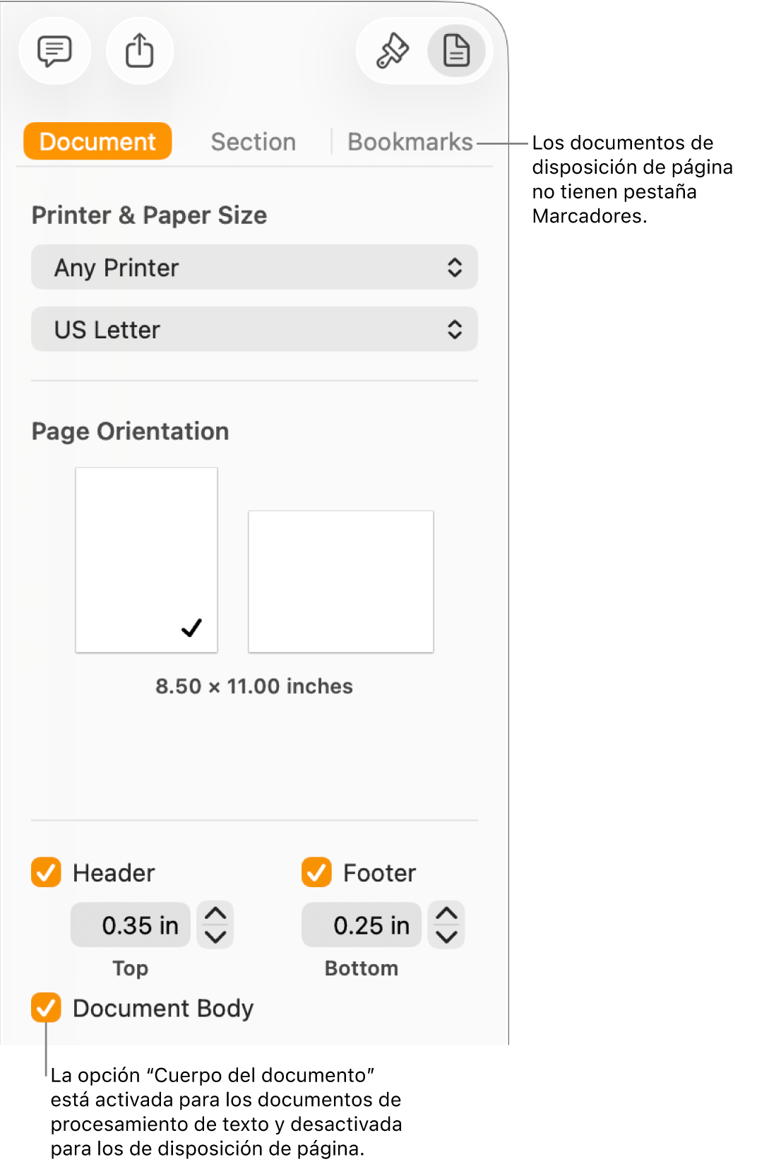 La barra lateral Formato con las pestañas Documento, Sección y Marcadores en la parte superior. Está seleccionada la pestaña Documento y hay una llamada a la pestaña Marcadores que dice que los documentos de disposición de página no tienen pestaña Marcadores. Está seleccionada la casilla “Cuerpo del documento”, lo que también indica que se trata de un documento de procesamiento de texto.