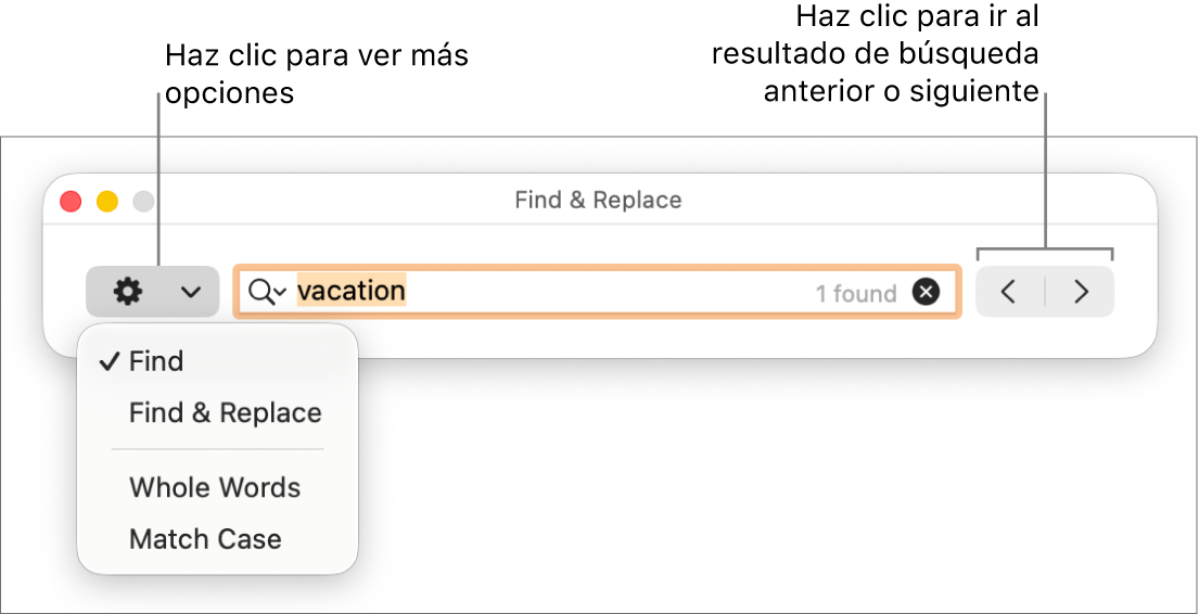 La ventana “Buscar y reemplazar” con el menú desplegable donde aparecen las opciones Buscar, “Buscar y reemplazar,” “Palabras enteras” y “Coincidir may./min.”. Las flechas de la derecha te permiten moverte entre el resultado de búsqueda anterior y el siguiente.