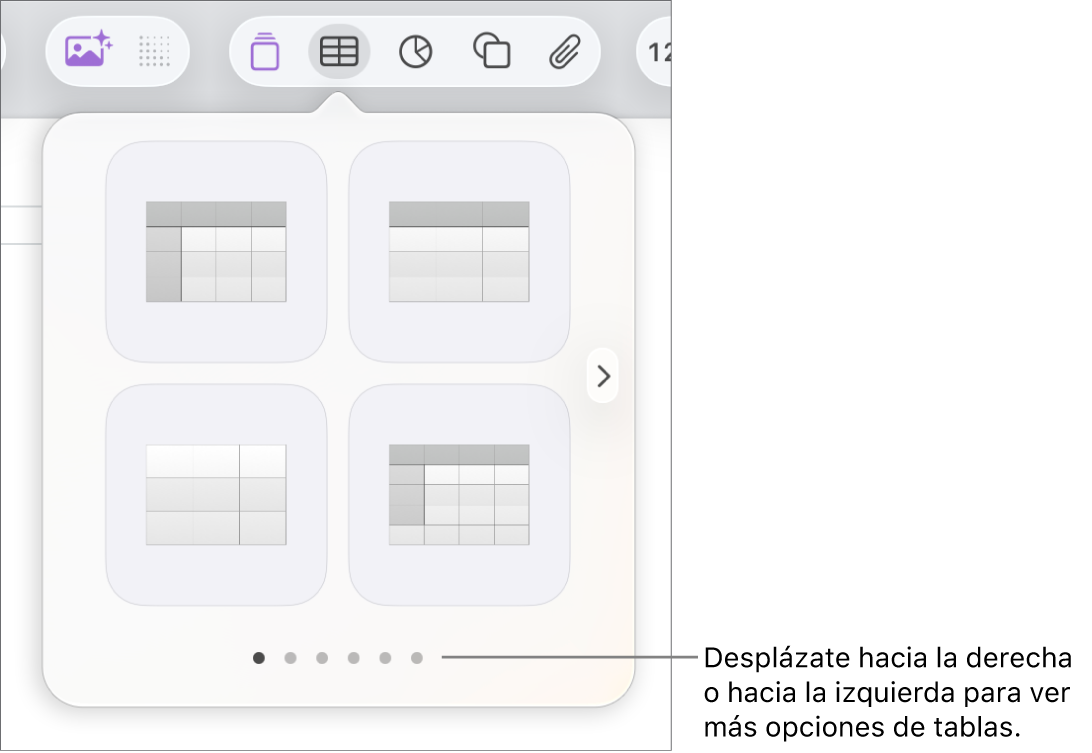El menú “Añadir tabla” con flechas de navegación.