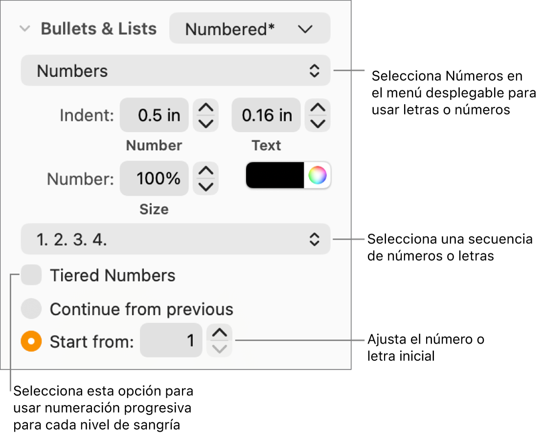 Controles para cambiar el estilo de numeración y el espaciado de una lista.