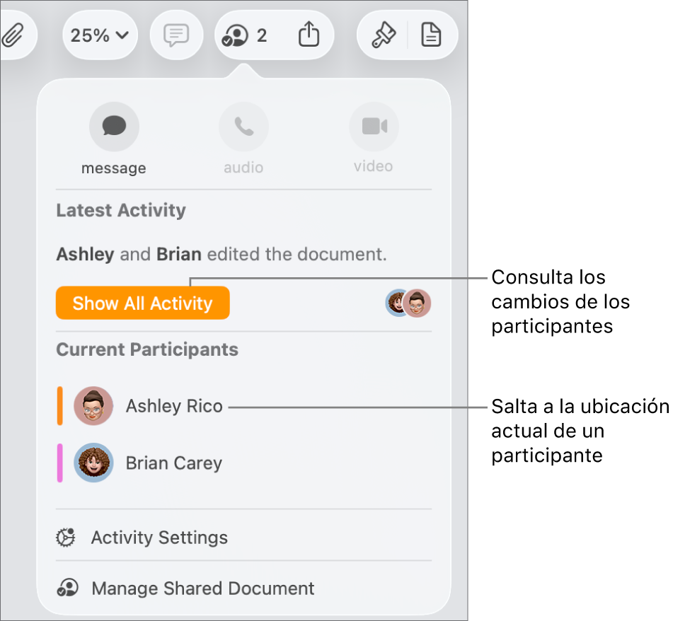 El menú de colaboración con dos participantes actuales.