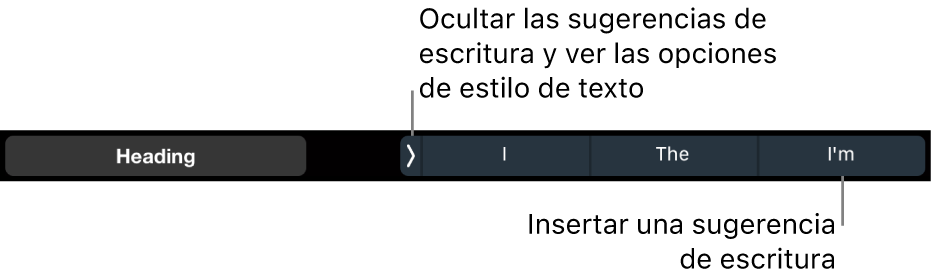 La Touch Bar del MacBook Pro con controles para elegir un estilo de texto, ocultar las sugerencias de escritura e insertar las sugerencias de escritura.