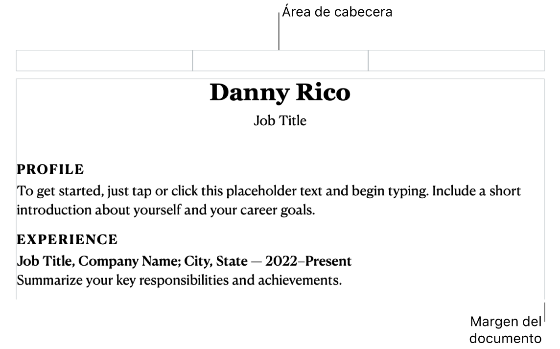 La vista de disposición mostrando el área de cabecera y los márgenes del documento.