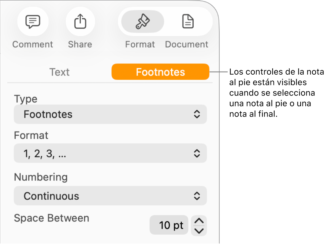 El panel “Notas al pie” con menús desplegables para Tipo, Formato, Numeración y espacio entre notas.