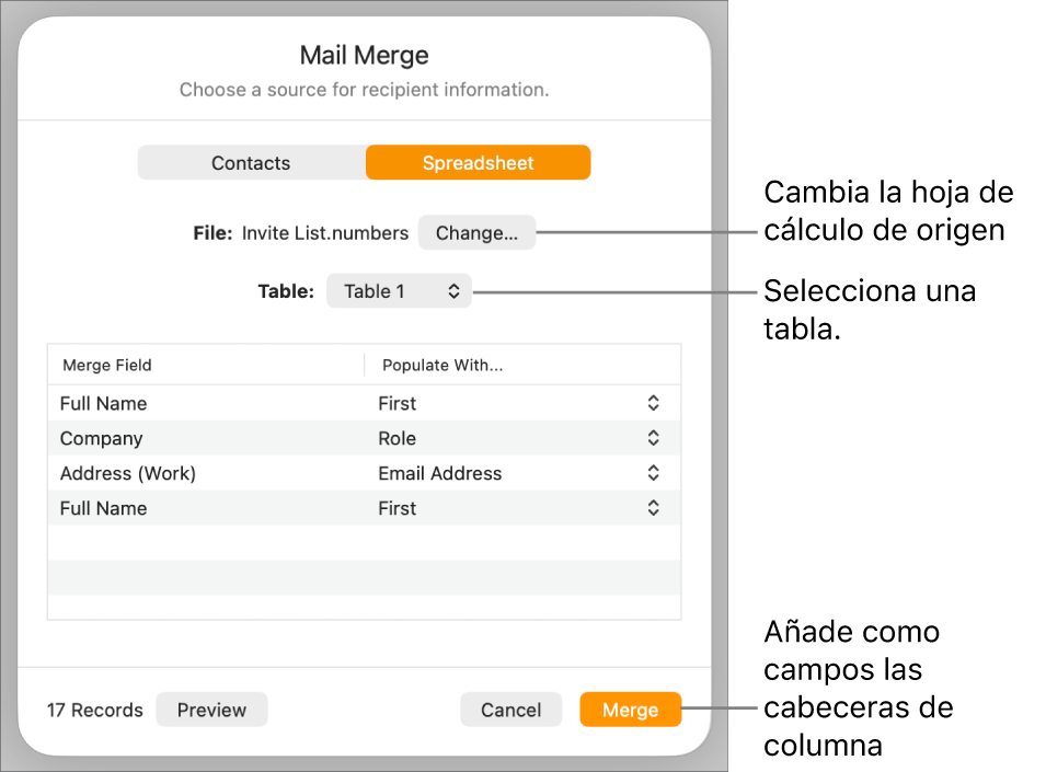Panel de previsualización de campos de fusión abierto, con las opciones para cambiar la tabla o el archivo de origen, previsualizar los nombres del campo de fusión o añadir cabeceras de columna como campos.