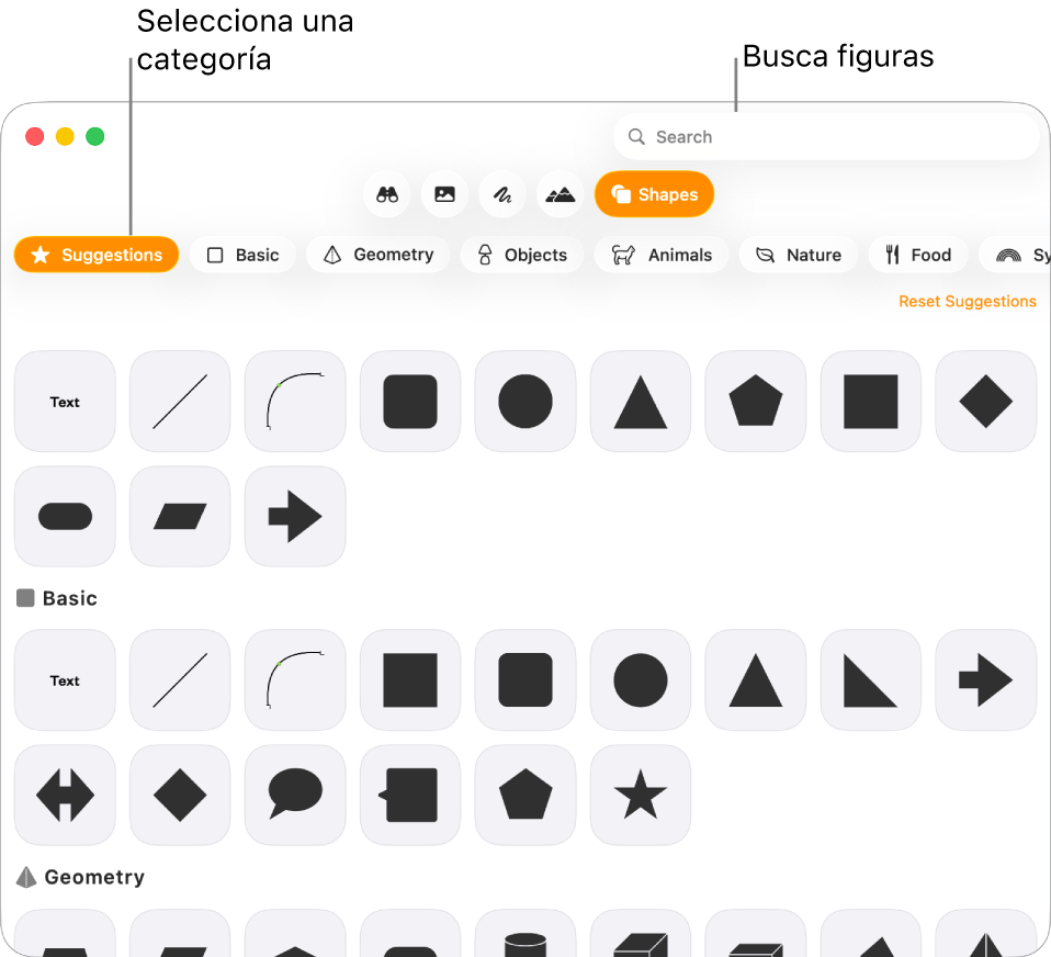 La biblioteca de figuras, con las categorías enumeradas a la izquierda y las figuras mostradas a la derecha. Puedes usar el campo de búsqueda de la parte superior para buscar figuras o desplazarte para ver más.