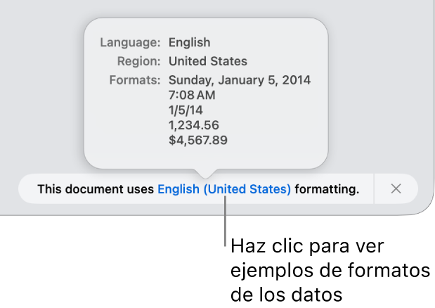 La notificación del ajuste de idioma y formato distinto, con ejemplos del formato en ese idioma y región.