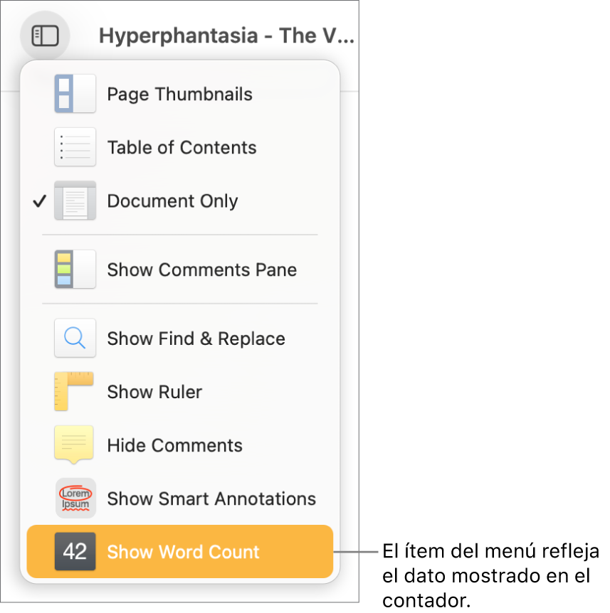 El menú Visualización abierto con “Mostrar el recuento de caracteres” casi al final.