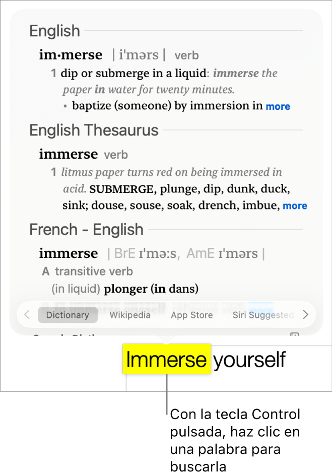 Un párrafo con una palabra resaltada y una ventana que muestra su definición y una entrada de diccionario de sinónimos. Botones en la parte inferior de la ventana proporcionan enlaces al diccionario, Wikipedia y los sitios web sugeridos por Siri.