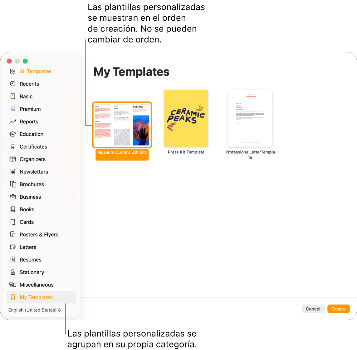 El selector de plantilla con la categoría “Mis plantillas” situada en el extremo izquierdo. Las plantillas personalizadas aparecen en el orden que se crearon y no se pueden reorganizar.