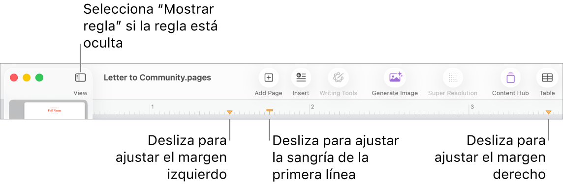 La regla con el control de margen izquierdo y el control de sangría de la primera línea.