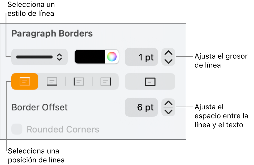 Controles para cambiar el estilo de línea, grosor, posición y color.