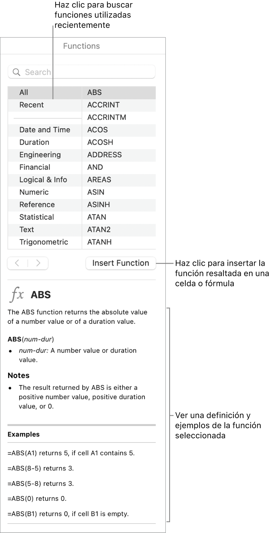 El explorador de funciones con llamadas a funciones utilizadas recientemente, el botón “Insertar función” y la definición de la función.