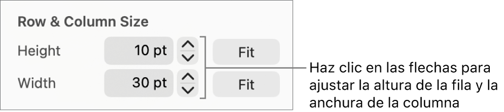 Los controles para ajustar un tamaño de fila o columna preciso.