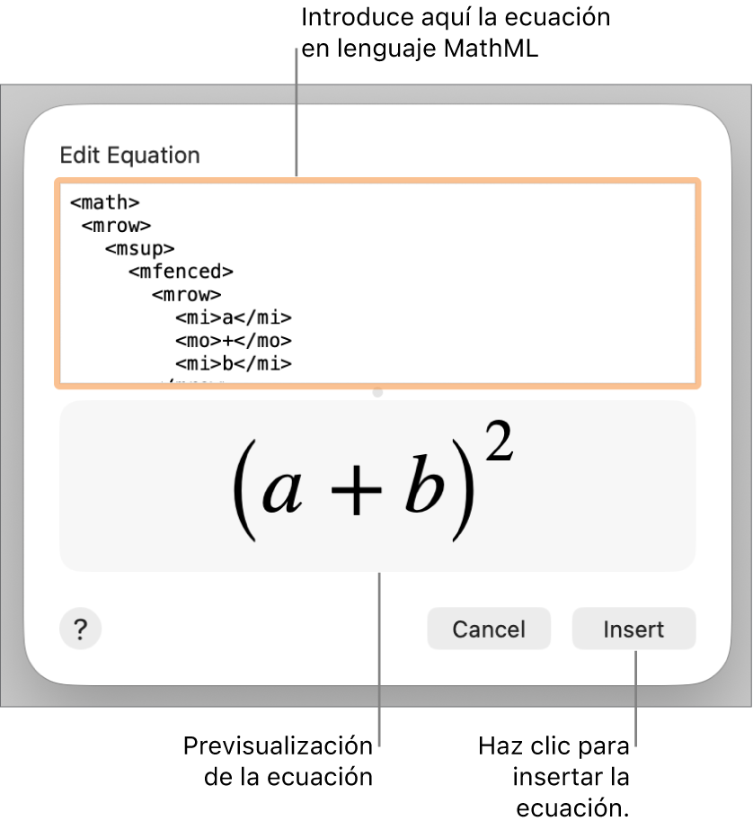 La ecuación de la pendiente de una recta en el campo “Editar ecuación” y la previsualización de la fórmula a continuación.