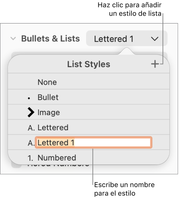 El menú desplegable “Estilos de lista” con el botón Añadir en la esquina superior derecha y un marcador de posición de nombre de estilo con su texto seleccionado.